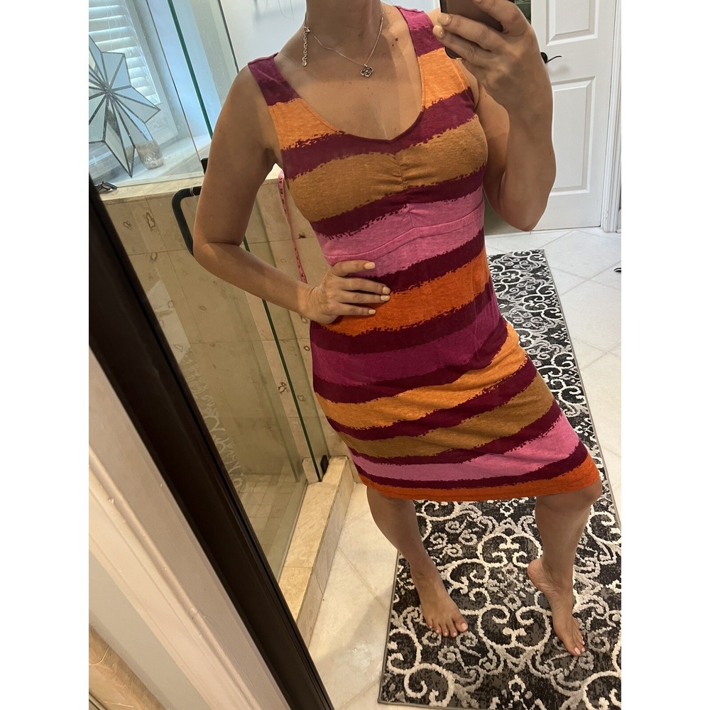 Tommy Bahama Womens Linen Shift Dress Medium Pink Orange Striped Sleeveless M